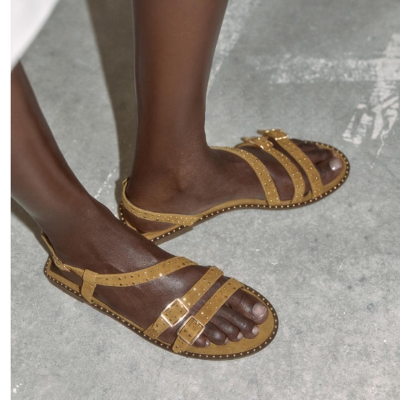 Zara khaki green flat real suede leather sandals with studs NWT - Picture 2 of 13